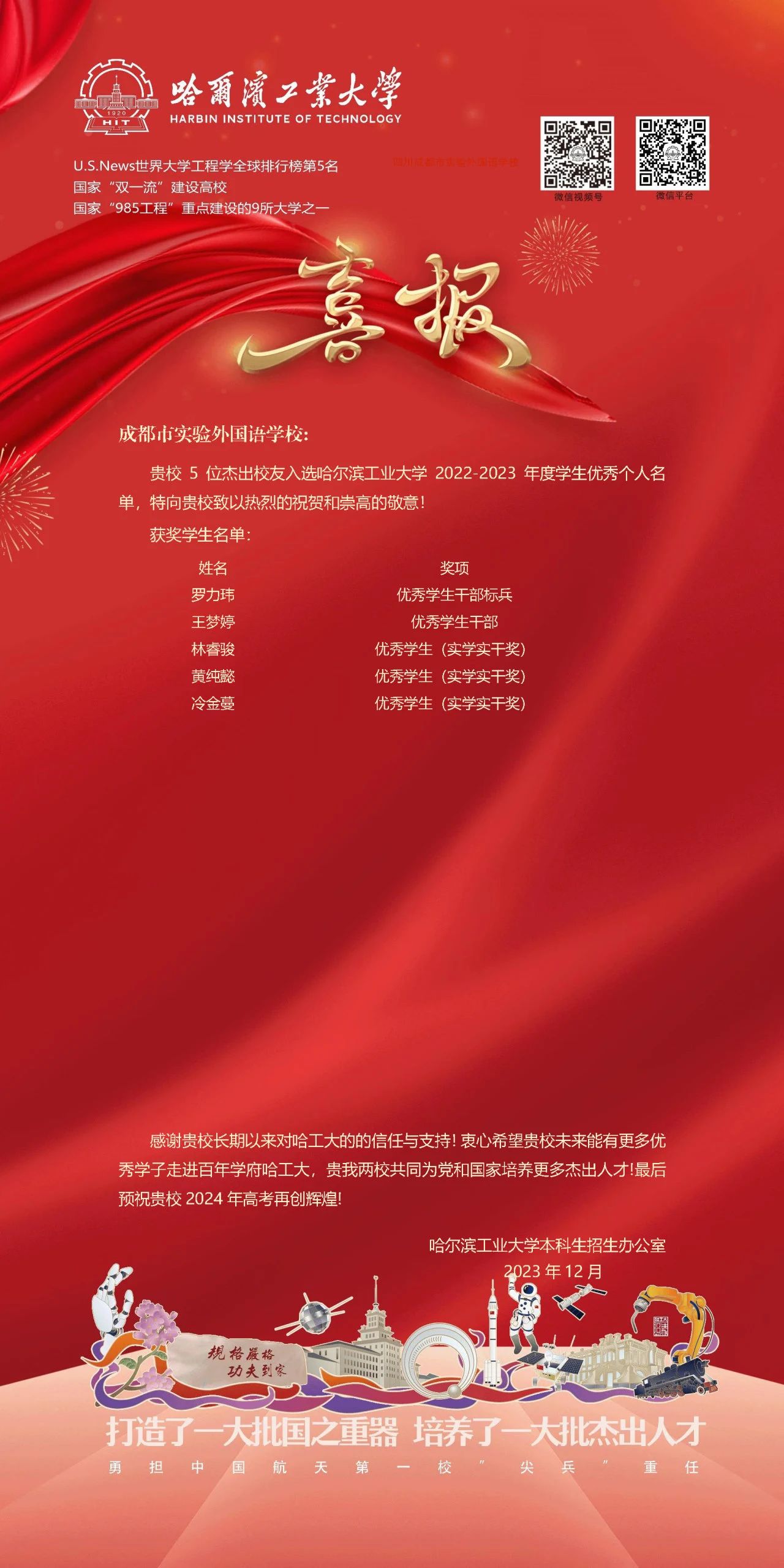哈爾濱工業(yè)大學發(fā)來喜報！